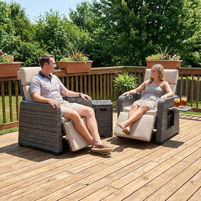 Restland Outdoor Recliner with Independent Adjustable Back & Footrest Wicker Patio Reclining Chair with Flip Table Comfortable Lounge Chair & Thick Cushion for Deck, Porch (Beige)