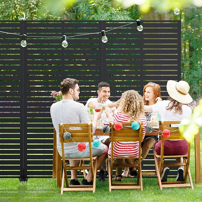 Casaphoria Metal Privacy Screen Outdoor, 72" H x 47" W Freestanding Decorative Privacy Screen for Patio Deck Balcony Garden with Stable Base, Louvered Black