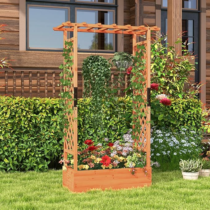 Giantex 2 Pcs Raised Garden Bed with Trellis & Hanging Roof, Wood Planter Box with Bottom & Drainage Holes, Freestanding Garden Planter for Flower Vegetable Fruit Herb Climbing Vines, 43.5"x17.5"x72"