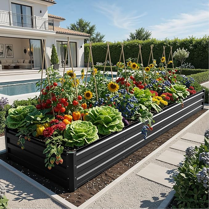YITAHOME 12x4x1ft Large Raised Garden Bed Kit, Galvanized Metal Planter Box with Gloves, Ground Nails, Support Rod, Outdoor Above Ground Planters for Plants Vegetables Flowers, Black