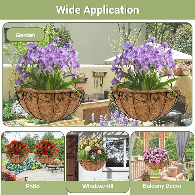 2 Pack 14 inch Metal Hanging Baskets for Plants Outdoor, Hanging Planters Basket with Coco Liners, Hanging Baskets Flower Pots for Garden, Patio, Deck, Porch Plants