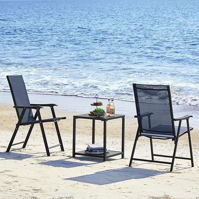 Yaheetech Outdoor Patio Chairs Set of 4, Portable Dining Chairs with Armrests for Camping, Lawn Yard Beach, Folding Outdoor Chairs 4-Pack with Metal Frame, Navy Blue