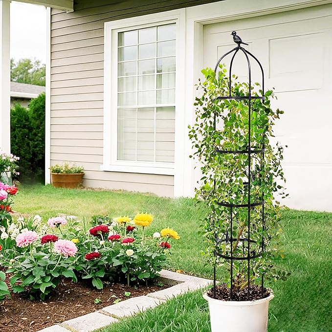 2-Pack 6FT Garden Obelisk Trellis for Climbing Plants,Adjustable 4-Tier Metal Plant Support,Rustproof Outdoor Plant Tower with 3 Decorative Tops for Roses,Tomatoes,Clematis & Vines,Black