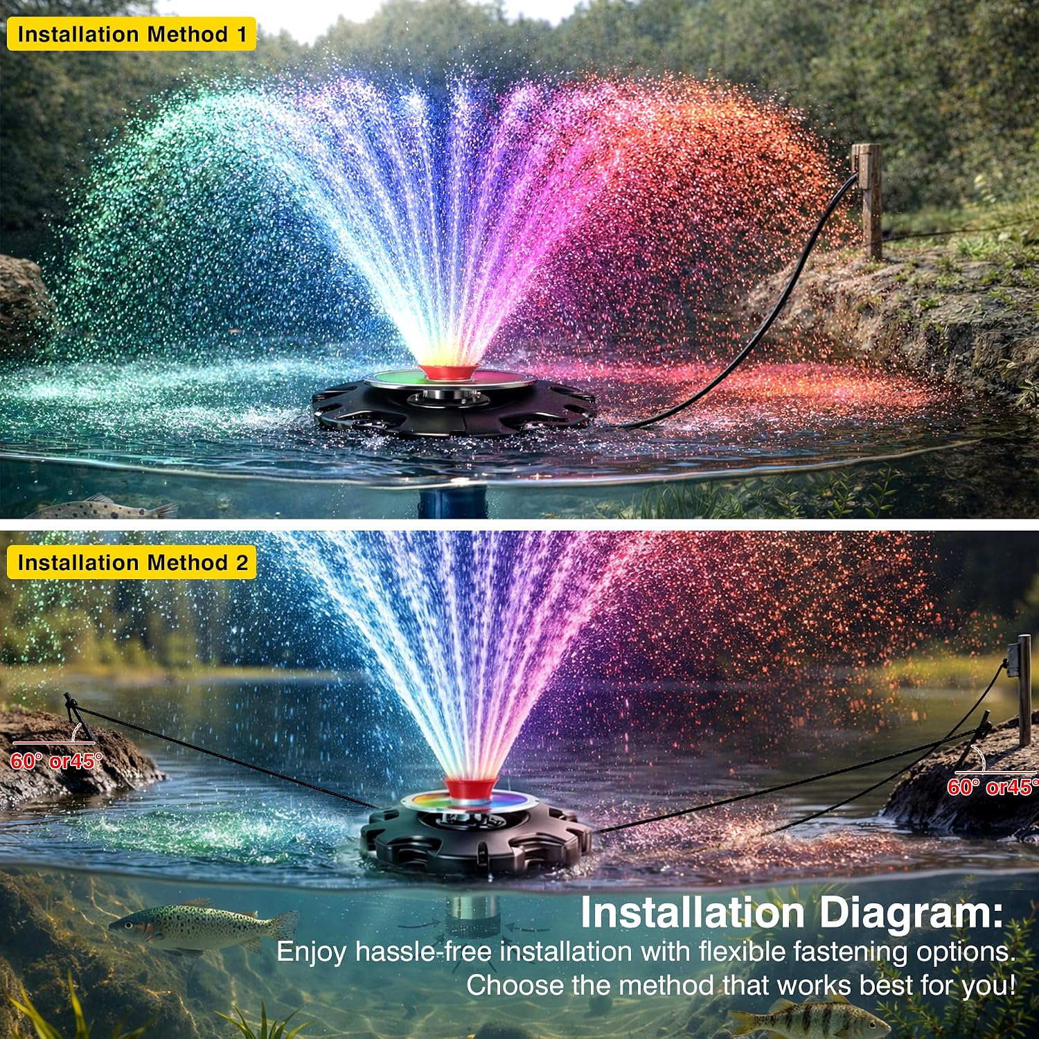 Pond Fountain Aerator, LED RGB Multicolor Aerator Floating Fountain Light, 750W 1HP 15000 GPH Floating Pump,IP68,for Ponds & Lakes