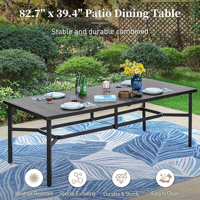 Patio Dining Set 9 Piece, 8 x Woven Rattan Swivel Chairs with Waterproof Cushion, 83" Rectangular Metal Dining Table with Umbrella Hole, Outdoor Table and Chairs Set for Backyard Lawn and Deck, Beige
