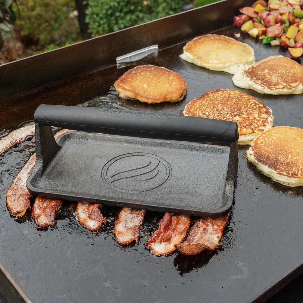 Blackstone 5553 Pre-Seasoned Cast Iron Griddle Press, 10" x 5.5", Black | Medium Heavy Duty, Heat Resistant Rubber Handle, Rectangle, For Meat, Burger, Bacon, Steak, Panini, Sandwich, Sausage