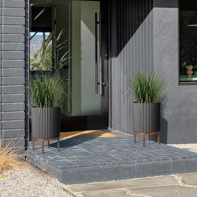 Veradek Demi Series Round Planter w/Stand for Porch/Patio | Durable Plastic-Stone Composite & Wooden Stand | Modern Décor for Tall Plants, Flowers