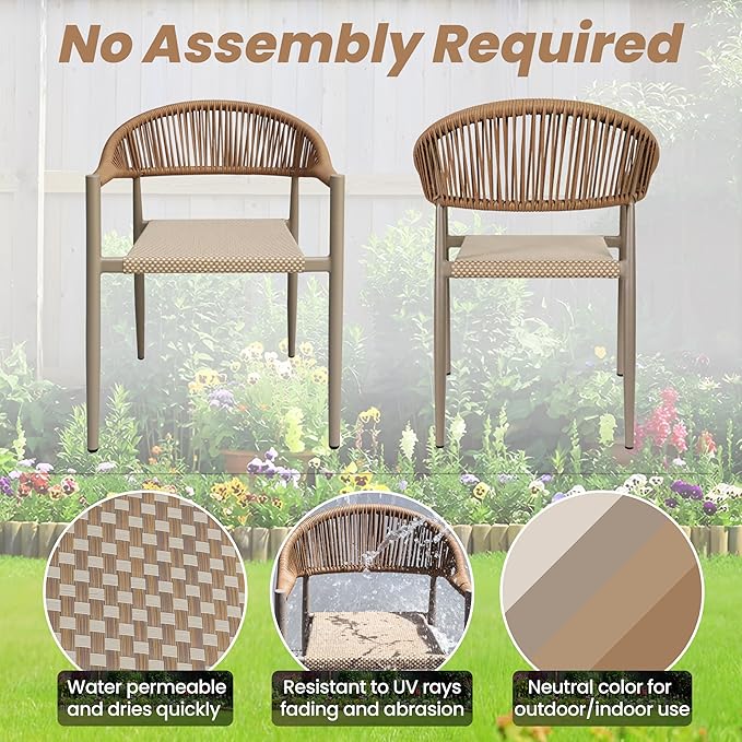 4 Pcs Stackable Patio Dining Chairs, Aluminum Rattan Outdoor Dining Chair with Arms, Woven Rope Garden Armchair Metal No Assembly for Bistro Balcony Porch Deck Yard Cafe Restaurant, Light Brown