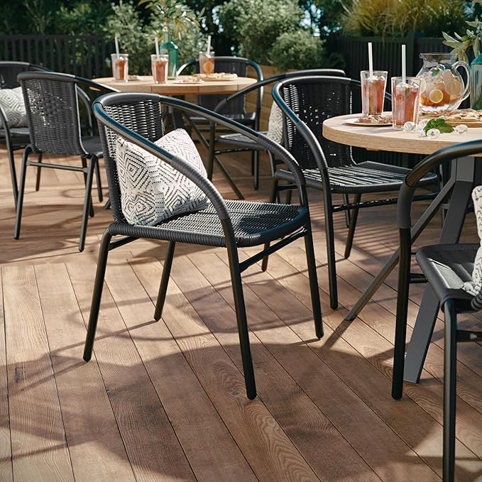 EMMA + OLIVER Set of 2 Modern Rattan Indoor/Outdoor Stack Chairs, Stacking Rattan Patio Chairs with Curved Back and Cross Bracing, Gray