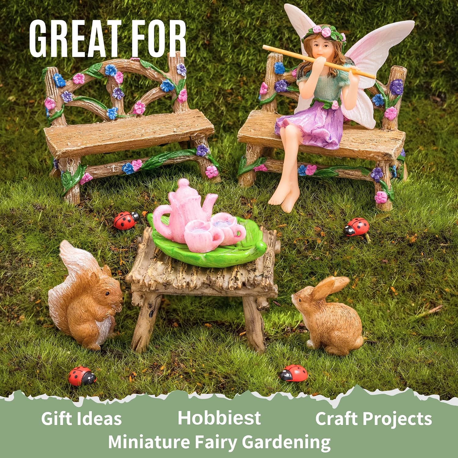 PRETMANNS Fairies for Fairy Garden Accessories Kit, 14 Piece Fairy Set | Fairy Garden Accessories Kit, Figurines & Garden Fairy Ornament, Furniture Included, Bunny, Squirrel & Ladybugs
