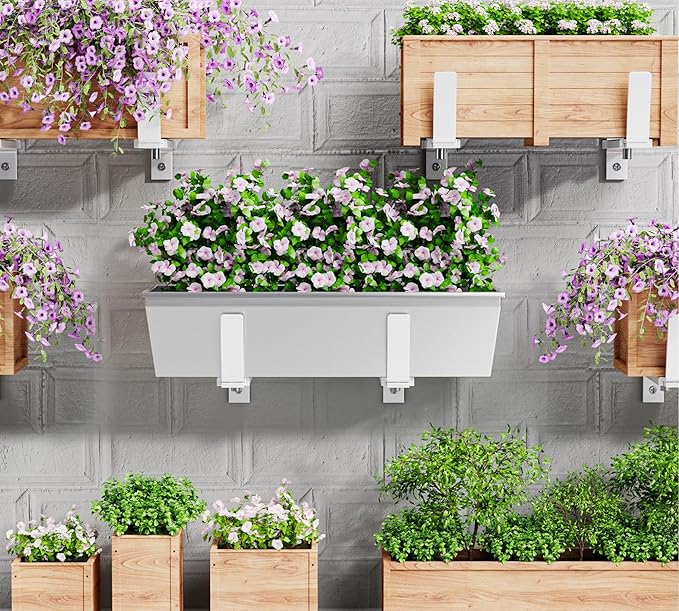 Y&M 4 Pack Adjustable Planter Box Brackets (6 to 12.5 in), Universal Window Box Brackets, Heavy Duty Iron Flower Box Wall Mounting Hooks for Balcony, Fences, Patio, and Garden - White