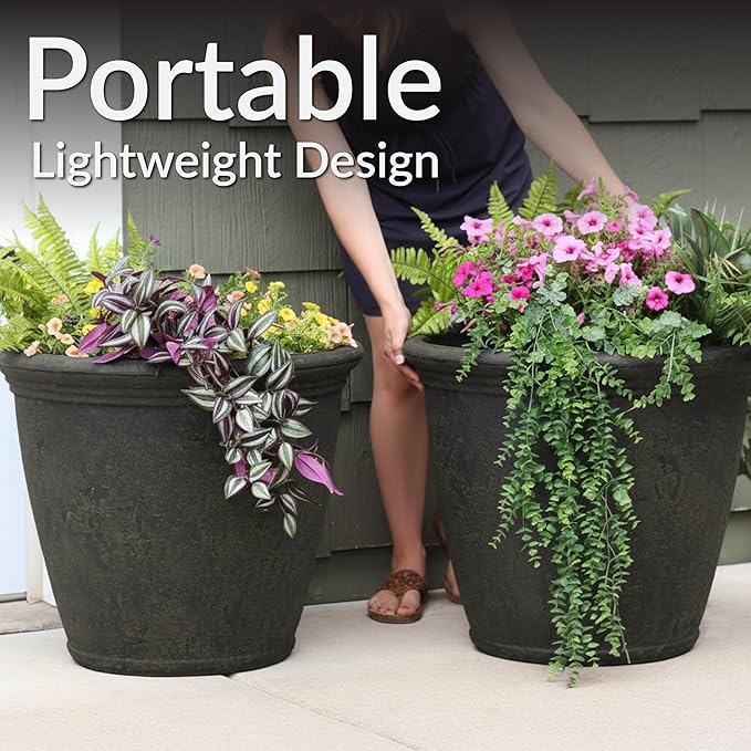 Sunnydaze 24-Inch Anjelica Large Plastic Pot for Plants - Outdoor Double-Walled Large Plastic Planter with Drillable Drainage Holes - Sable