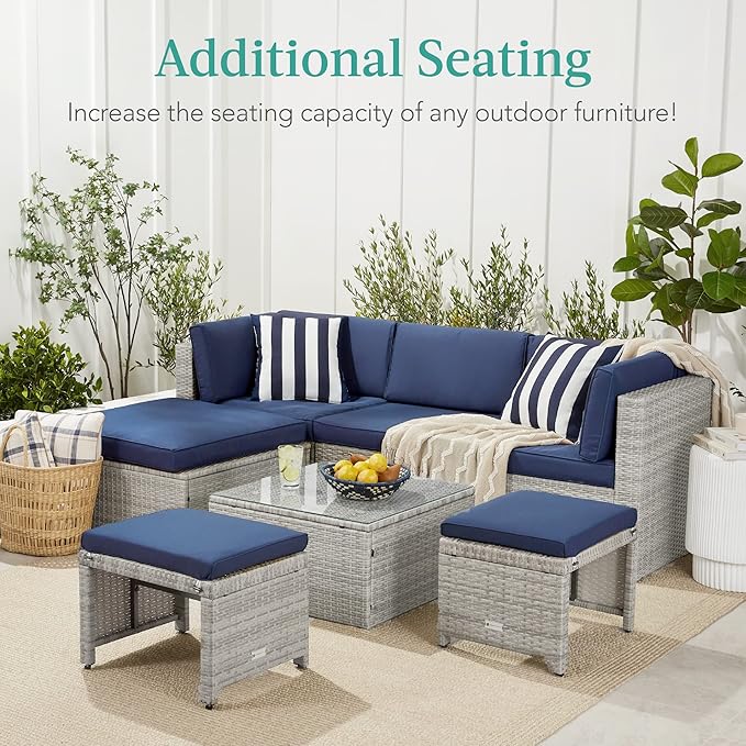 Best Choice Products Set of 2 Wicker Ottomans, Multipurpose Outdoor Furniture for Patio, Backyard, Additional Seating, Footrest, Side Table w/Removable Cushions, Steel Frame - Gray/Gray