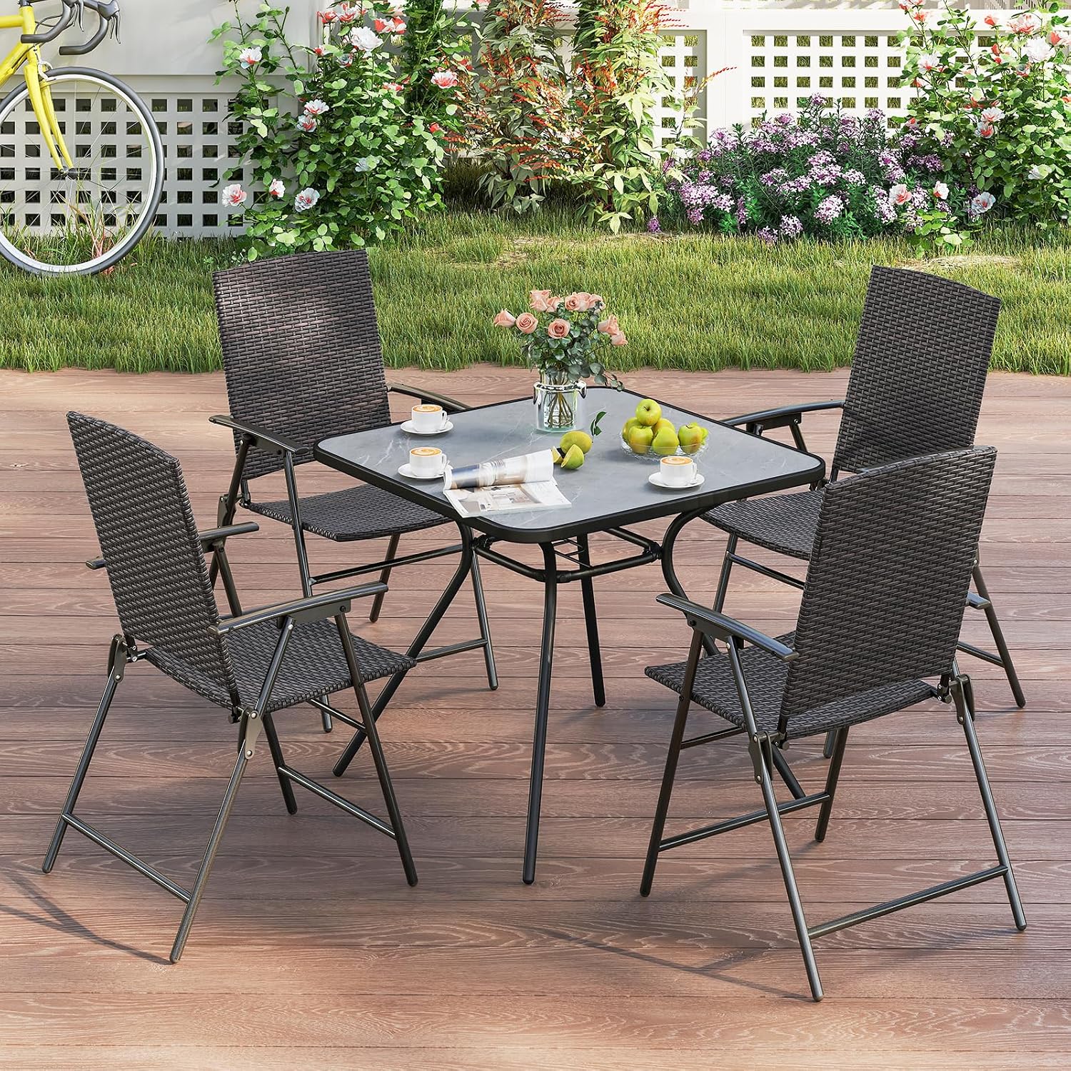 Tangkula Outdoor Folding Chairs Set of 2, Patio PE Wicker Dining Chairs with Armrests and Metal Frame, Portable Lawn Chairs for Garden, Porch, Balcony and Camping, Fully Assembled (1, Mix Brown)