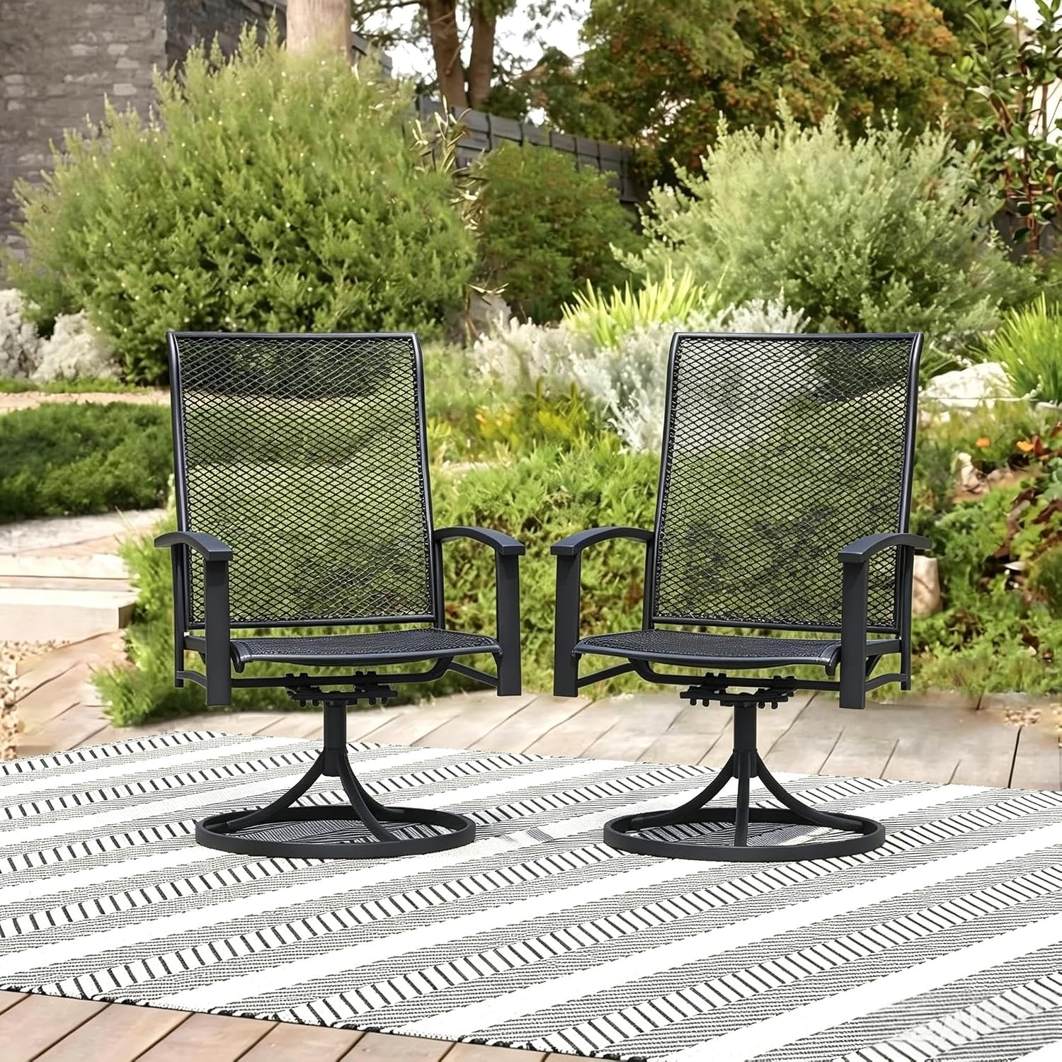 Patio Swivel Chairs Set of 2, Outdoor Swivel Chairs with Metal Mesh Seat, High Back Metal Mesh Patio Chairs with Steel Frame, All-Weather Outdoor Dining Chairs for Deck, Porch and Lawn