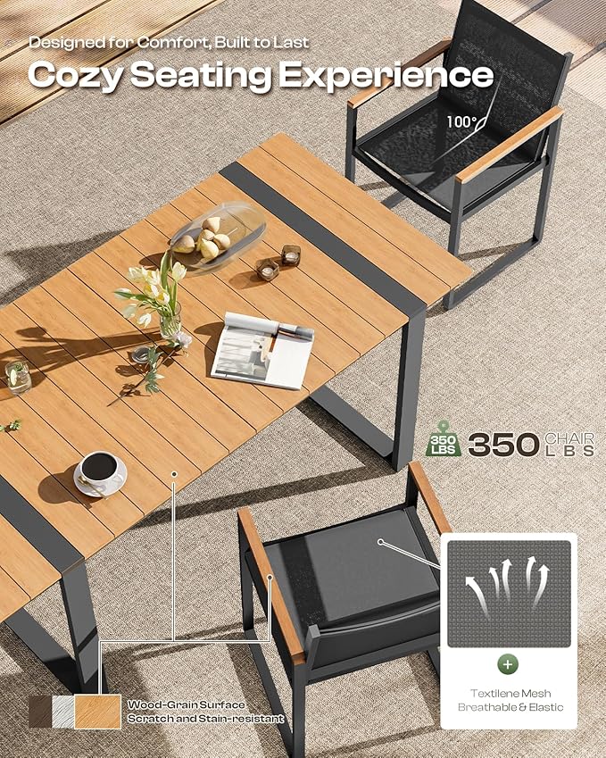 Outdoor Dining Set, HDPS + Aluminum Patio Table and Chairs Set with U-Shaped Base, 7 Piece Outdoor Furniture Set with Umbrella Hole, Patio Dining Table Set for Garden, Backyard (Gray-Teak)