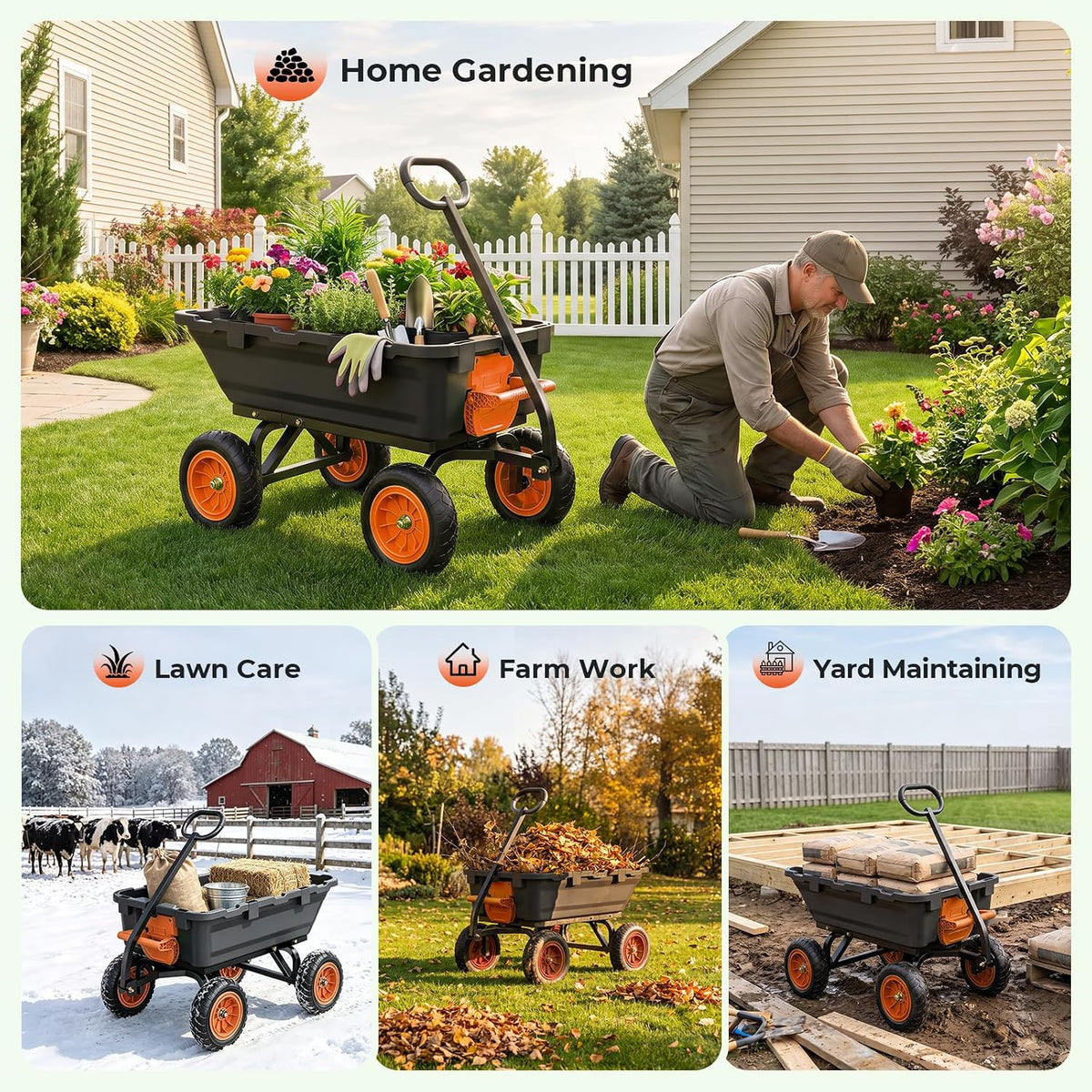 etoolab dump garden cart 900lb capacity with 10-inch, front angle view