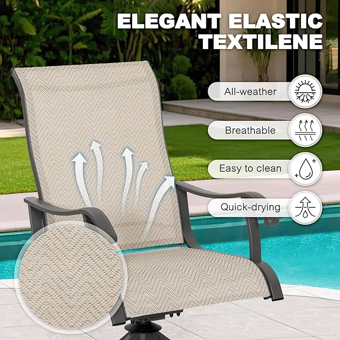 NUU GARDEN 5-Piece Outdoor Patio Dining Set, Slatted 37’’ Square Table with Umbrella Hole and 4 Patio Swivel Textilene Chairs, All Weather Patio Furniture Set for Porch, Backyard, Garden, Poolside