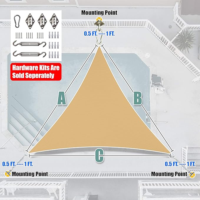 Amgo 22' x 22' x 22' Sand Beige Triangle Sun Shade Sail UPF50+ Canopy Awning AGSLT, 95% UV Blockage, Water & Air Permeable, 200GSM Heavy Duty Commercial and Residential (We Make Custom Sizes)