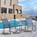 Vongrasig 3 Piece Outdoor Rocking Bistro Set, Textilene Fabric Small Patio Furniture Set, Front Porch Rocker Chairs Conversation Set with Glass Table for Lawn, Garden, Balcony, Poolside (Denim Blue)