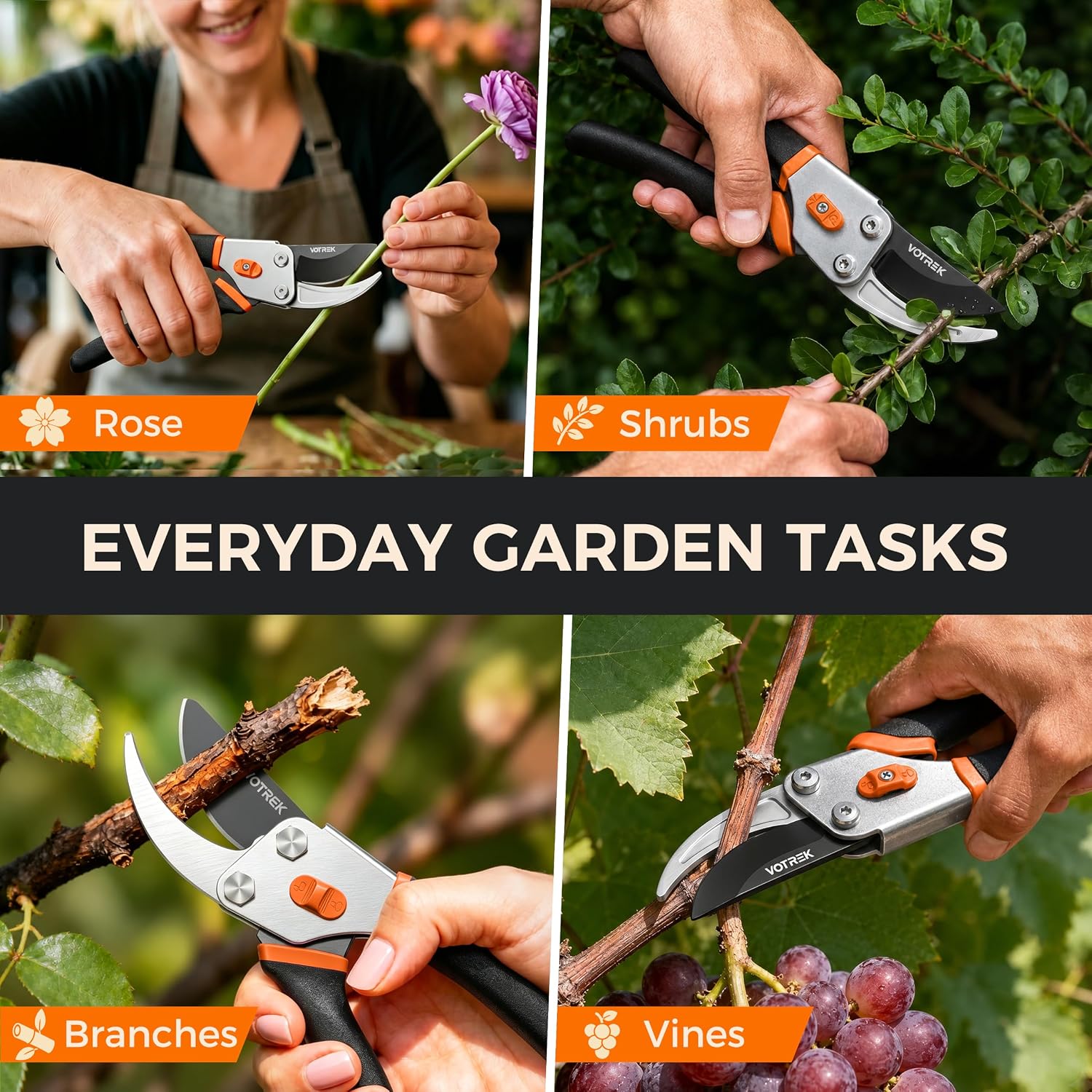 VOTREK® 8.5" Bypass Pruning Shears, Jam-Proof Spring Clippers for branches | Sharp & Anti-Rust SK5 Blade, Ergonomic Non-Slip Grip for Weak Hands, Garden Pruner for Rose, Bonsai, Heavy Duty Tree Trimming