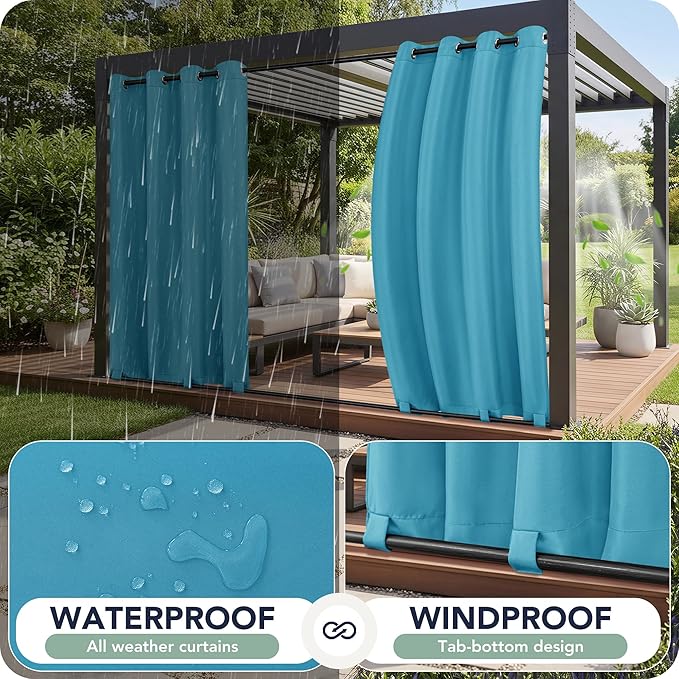Outdoor Curtains for Patio Waterproof 6 Panels - Windproof, Privacy, Weatherproof Outside Drapes for Gazebo Pergola Porch, Grommet Top and Tab Bottom, 54x84 Inch, Teal