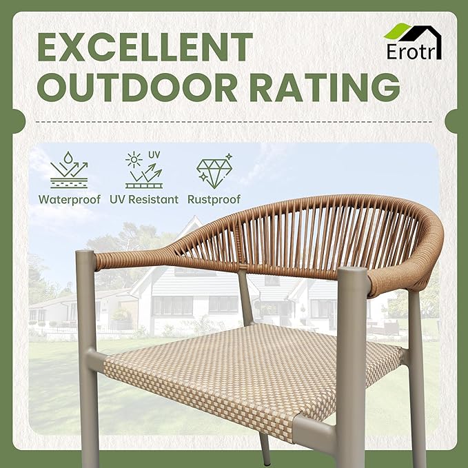 8 Pcs Stackable Patio Dining Chairs, Aluminum Rattan Outdoor Dining Chair with Arms, Woven Rope Garden Armchair Metal No Assembly for Bistro Balcony Porch Deck Yard Cafe Restaurant, Light Brown