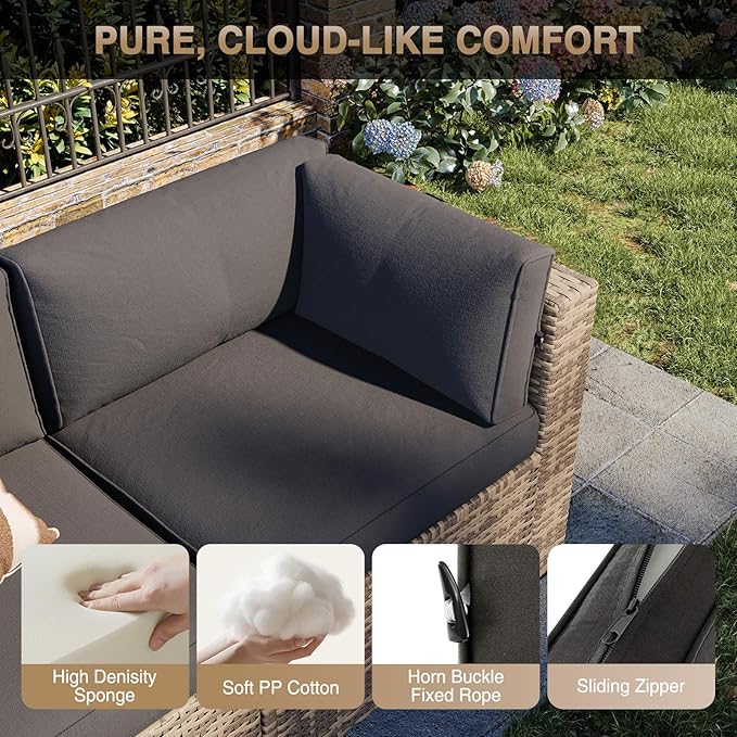 Aoxun Patio Furniture Sets, 8-Piece Outdoor Patio Furniture with 44'' Propane Gas Firepit Table, Wicker Outdoor Conversation Set Sectional Sofa for Backyard, Poolside, Garden (Black Cushion)