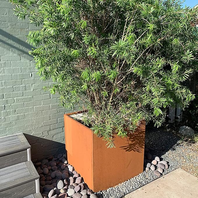 Corten Steel Planter Box Outdoor Planter Metal Square 20 Inch Large Steel Flower Pot Rustic Cube Patina Tall Plant for Commercial Residential Patio Yard Garden
