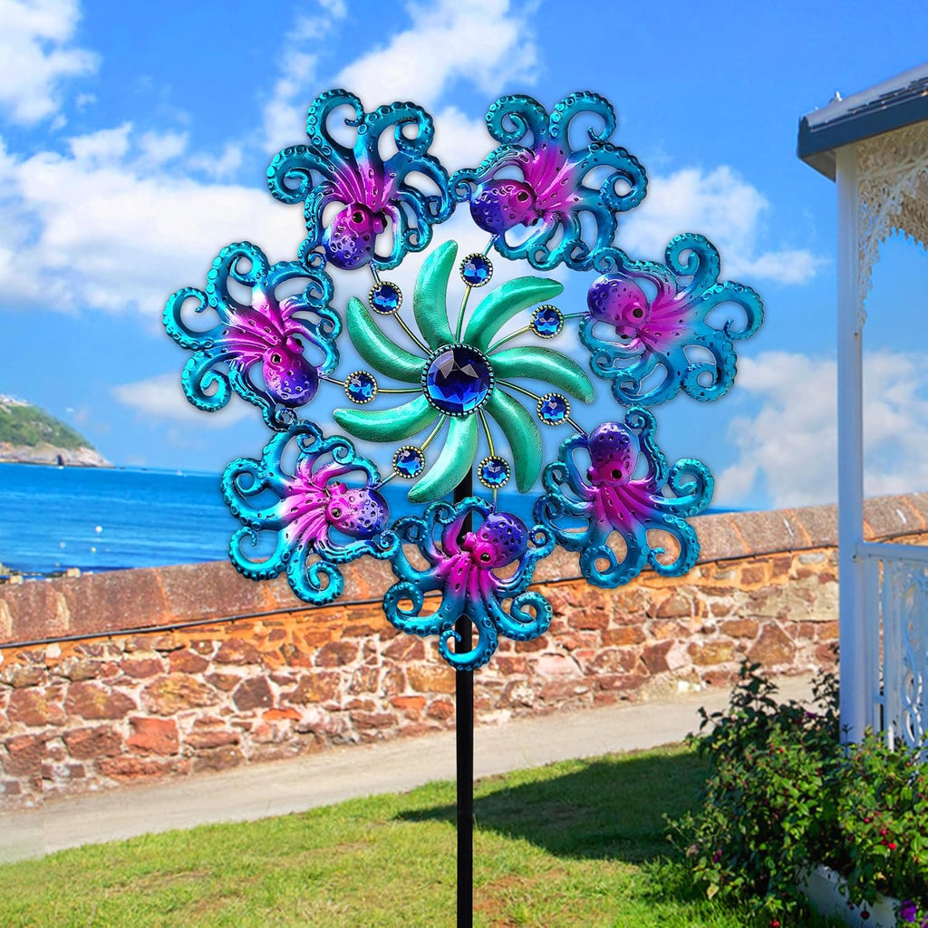 COOZZYHOUR 39" Octopus Wind Spinners for Yard and Garden Stake,Ocean Theme Outdoor Decor - Metal Windmill, Wind Sculpture Decorations for Patio,Lawn