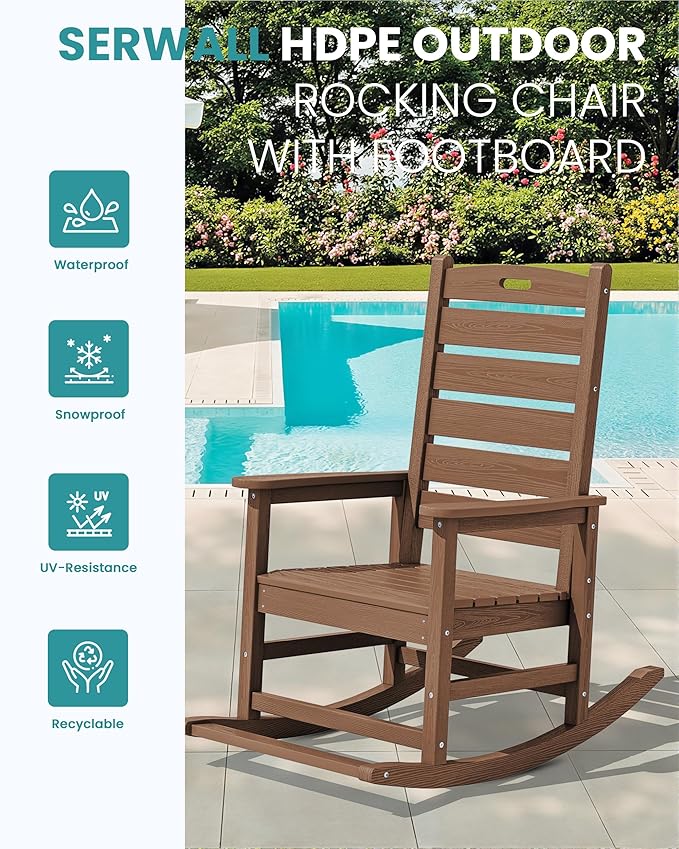 SERWALL Outdoor Rocking Chair Set of 2, Oversized Rocking Chair with Footboard for Adults, HDPE All Weather Resistant Rocking Chairs for Patio, 350lbs Weight Capacity, Brown