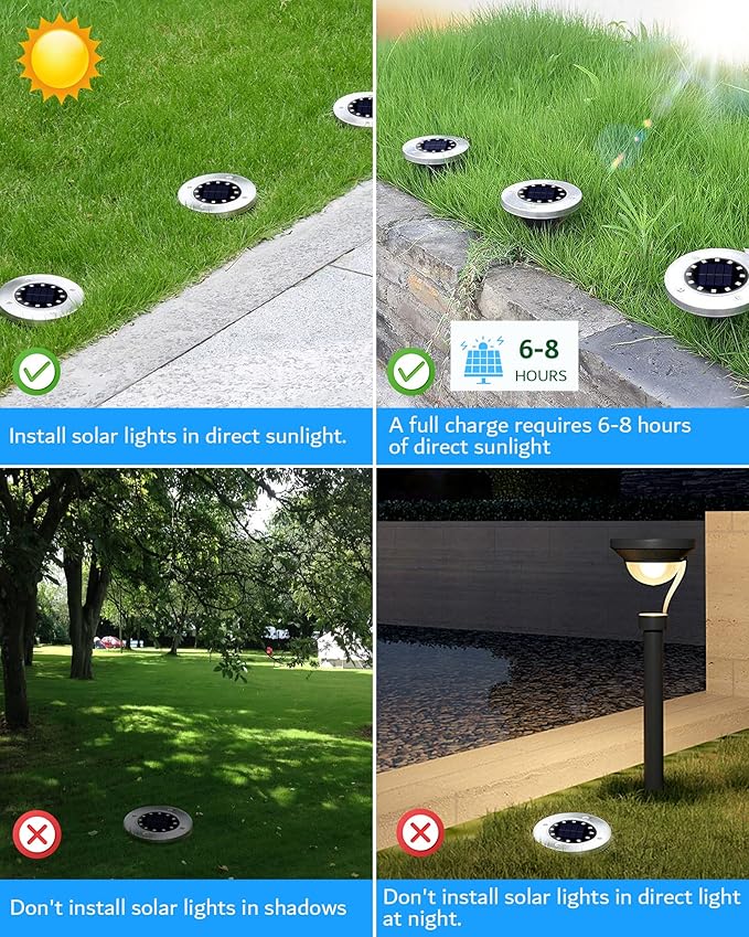 Biling Solar Ground Lights Outdoor 8 Packs, 12 LEDs Bright Flat Solar Lights Outdoor Waterproof Solar Powered for Yard Walkway Garden Driveway (White)