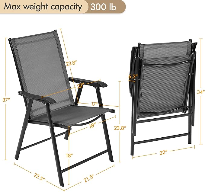 Yaheetech Patio Dining Chairs Set of 2 with Armrests, Outdoor Folding Chairs with Metal Frame and Backrest for Lawn, Garden, Yard and Poolside, Black