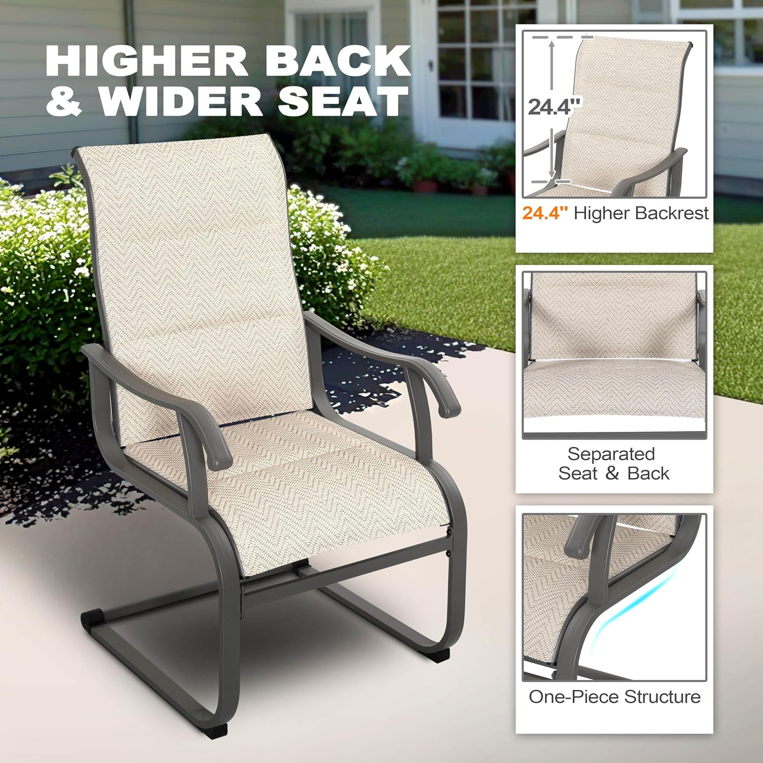 NUU GARDEN Patio Dining Chairs Set of 2, High-Back Outdoor Chairs with Breathable Textilene, All-Weather Metal Frame for Garden, Deck, Backyard and Porch, Grayish Beige