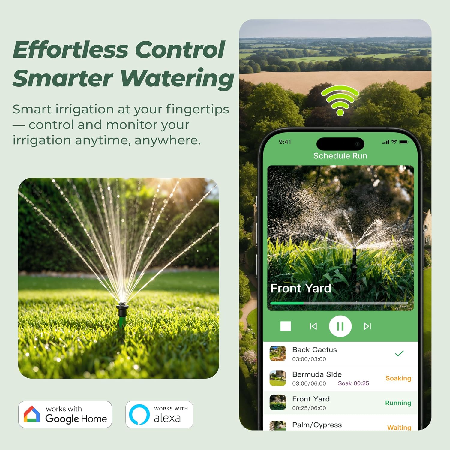 ImoLaza Outdoor Sprinkler Controller, 4-Zone Ultra WiFi Sprinkler Timer | Smart lawn irrigation: water saving, weather-based, soil saturation skip, easy App control, works with Alexa, fault alerts