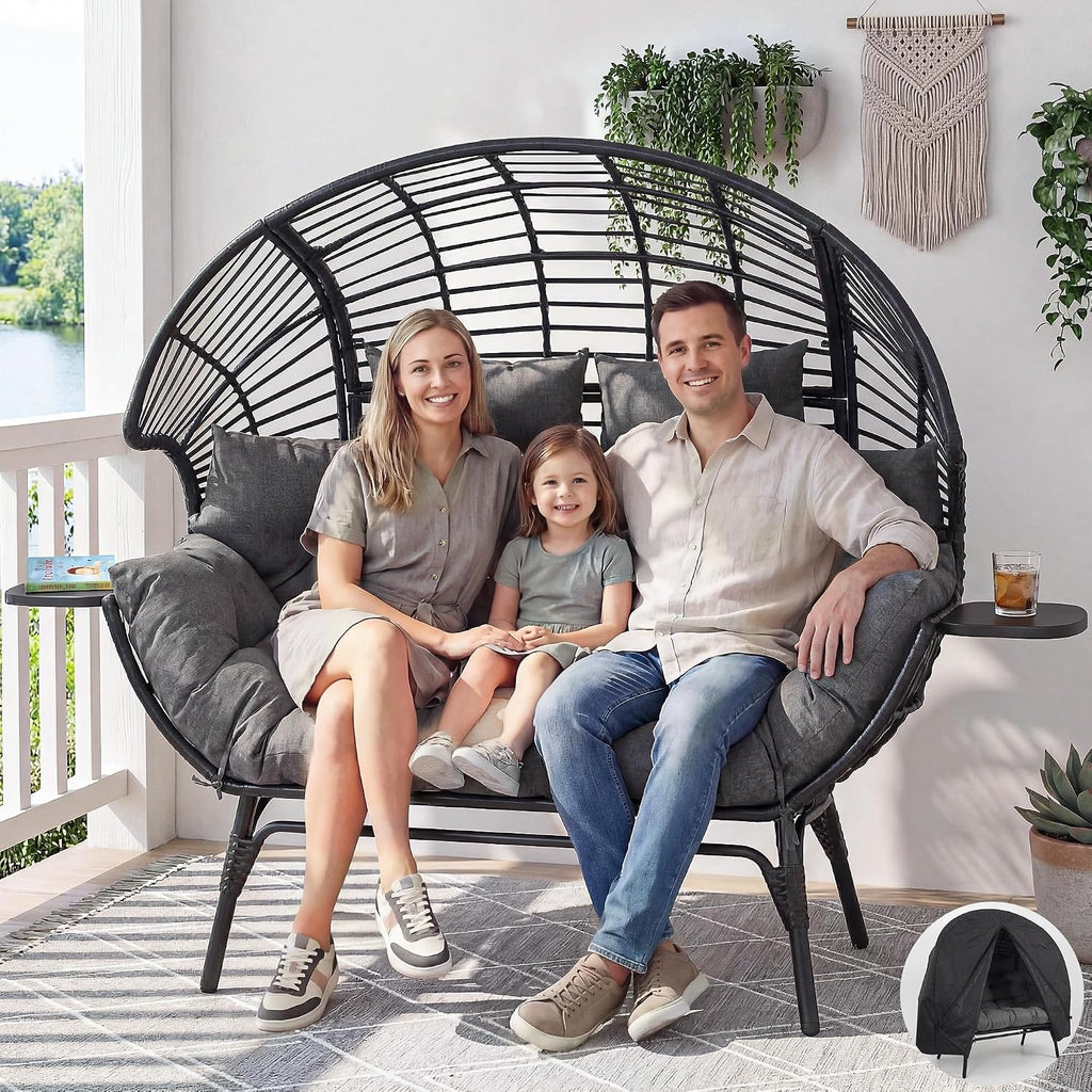 Double Egg Chair Outdoor Indoor 2 Person Wicker Egg Lounge Chair with Foldable Cup Holder Cushion Rain Cover Patio Oversized Loveseat for Balcony Porch Backyard