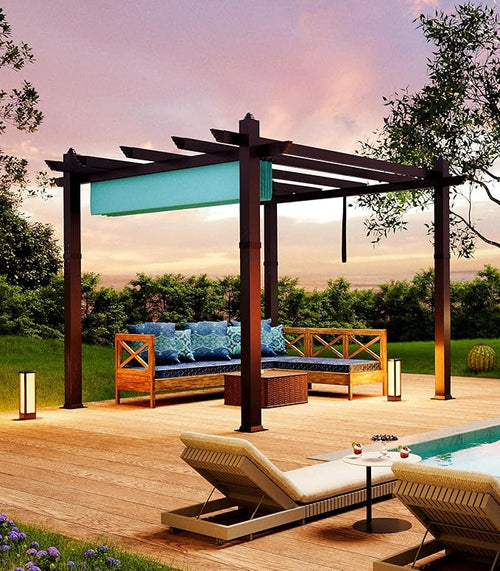10 x 10 ft Aluminum Pergola with Adjustable Canopy, Outdoor Metal Pergola, Imitation Wood-Grain Sun Shade Shelter for Garden Patio Backyard Deck
