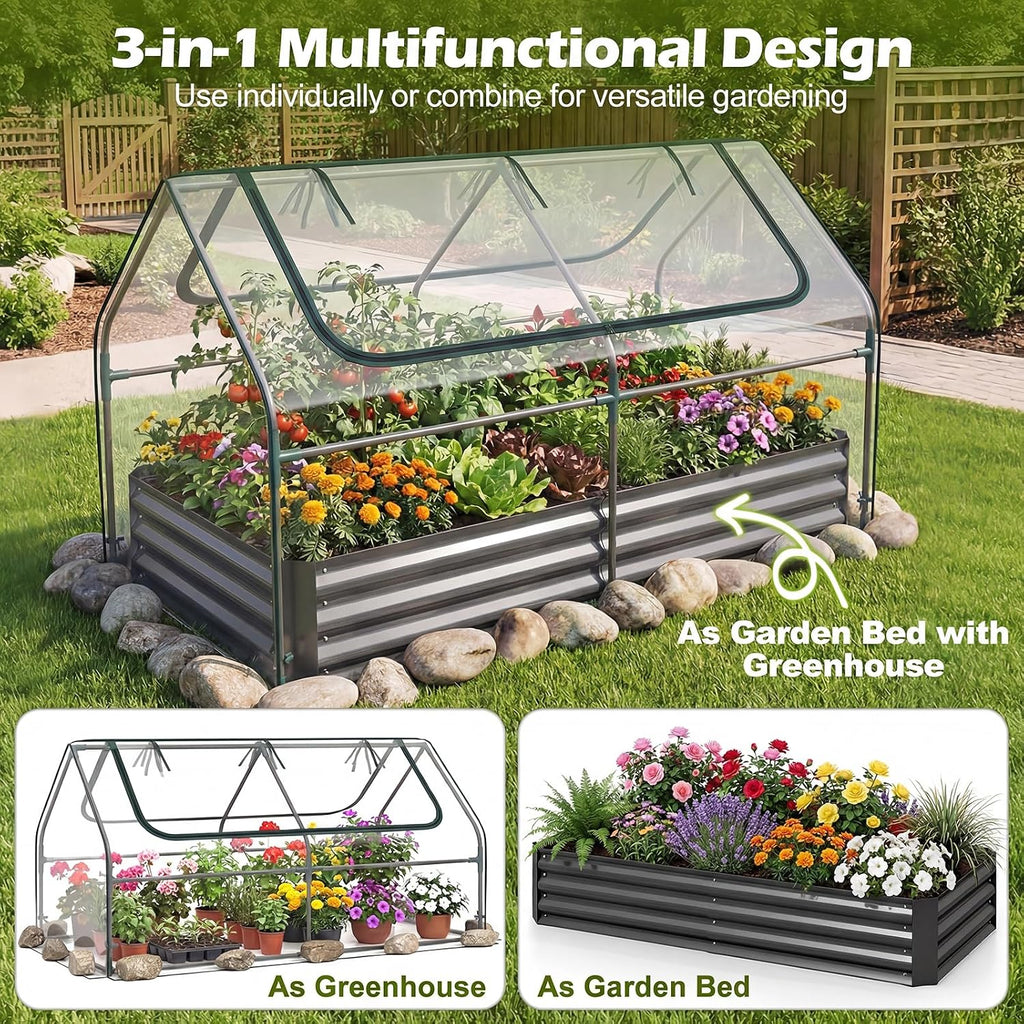 giantex 3-in-1 metal raised garden bed with greenhouse, close-up detail