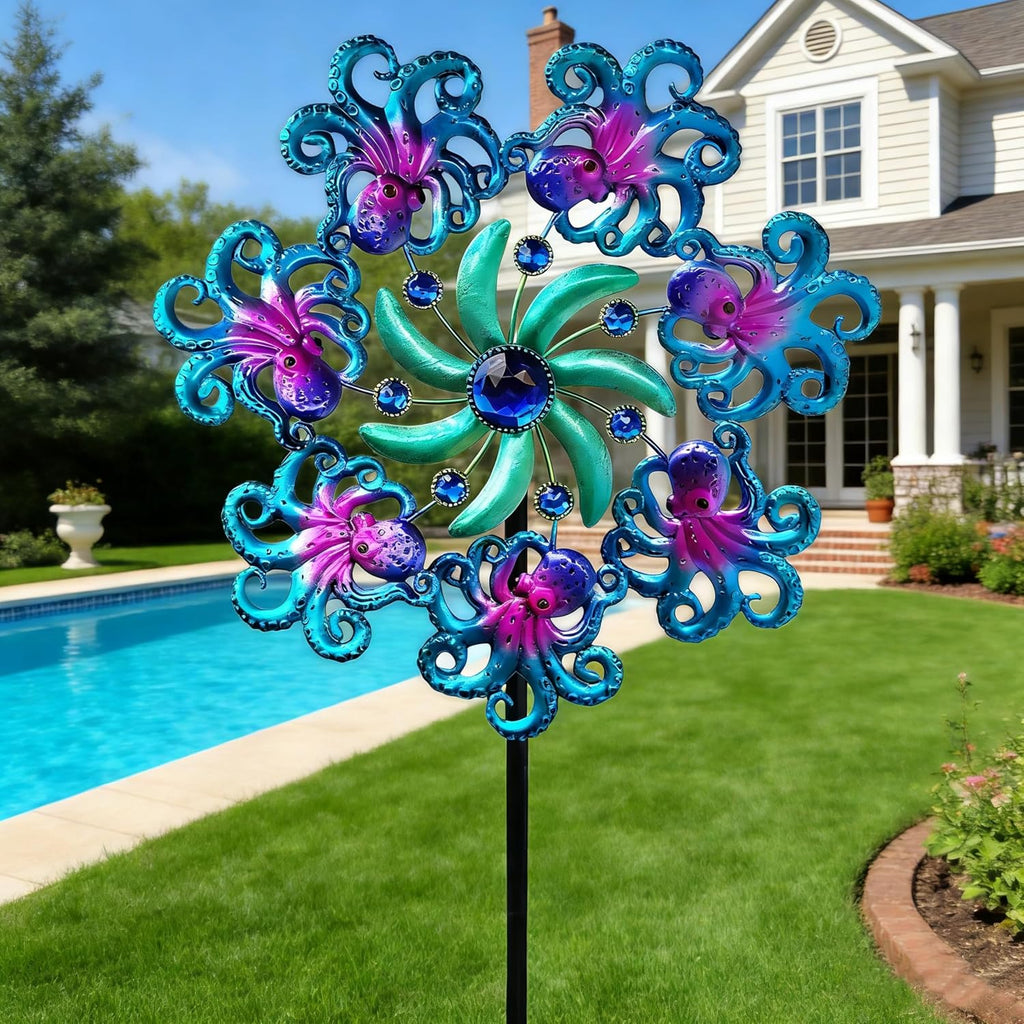 COOZZYHOUR 39" Octopus Wind Spinners for Yard and Garden Stake,Ocean Theme Outdoor Decor - Metal Windmill, Wind Sculpture Decorations for Patio,Lawn