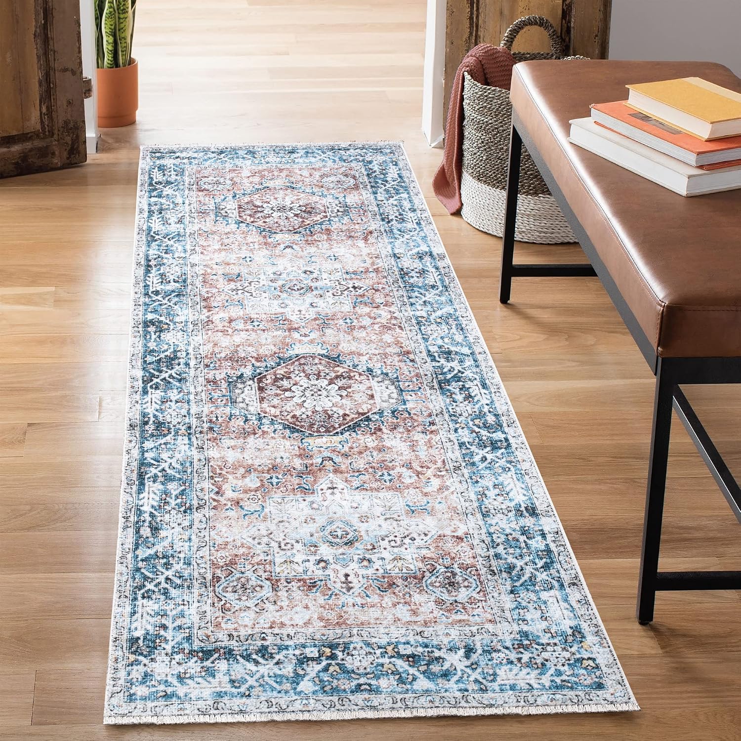Bloom Rugs Caria Washable Non-Slip 7 ft Runner - Coral Traditional Runner for Entryway, Hallway, Bathroom, and Kitchen - Exact Size: 2'6" x 7'
