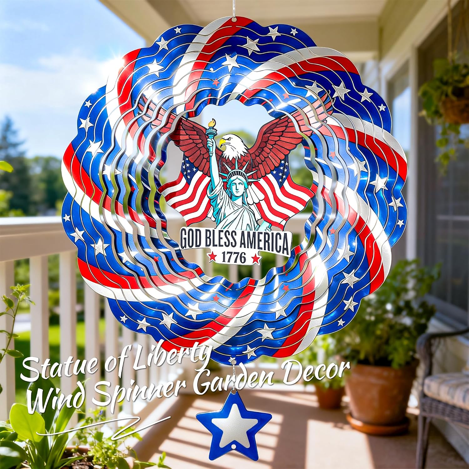 250th USA Anniversary 12 Inch Wind Spinner Patriotic Decoration | Patriotic Outdoor Garden Decor with Statue of Liberty Design, Stainless Steel Yard Art for Outdoor & Indoor, Gift for Men