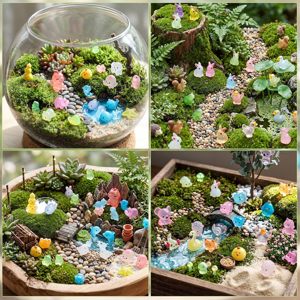 Prudiut 260Pcs Mini Resin Animals Luminous Tiny Resin Figures to Hide, Glow in Dark Animals Bulk for Micro Landscape Aquarium Decor Fairy Garden Dollhouse Accessories Party Favors