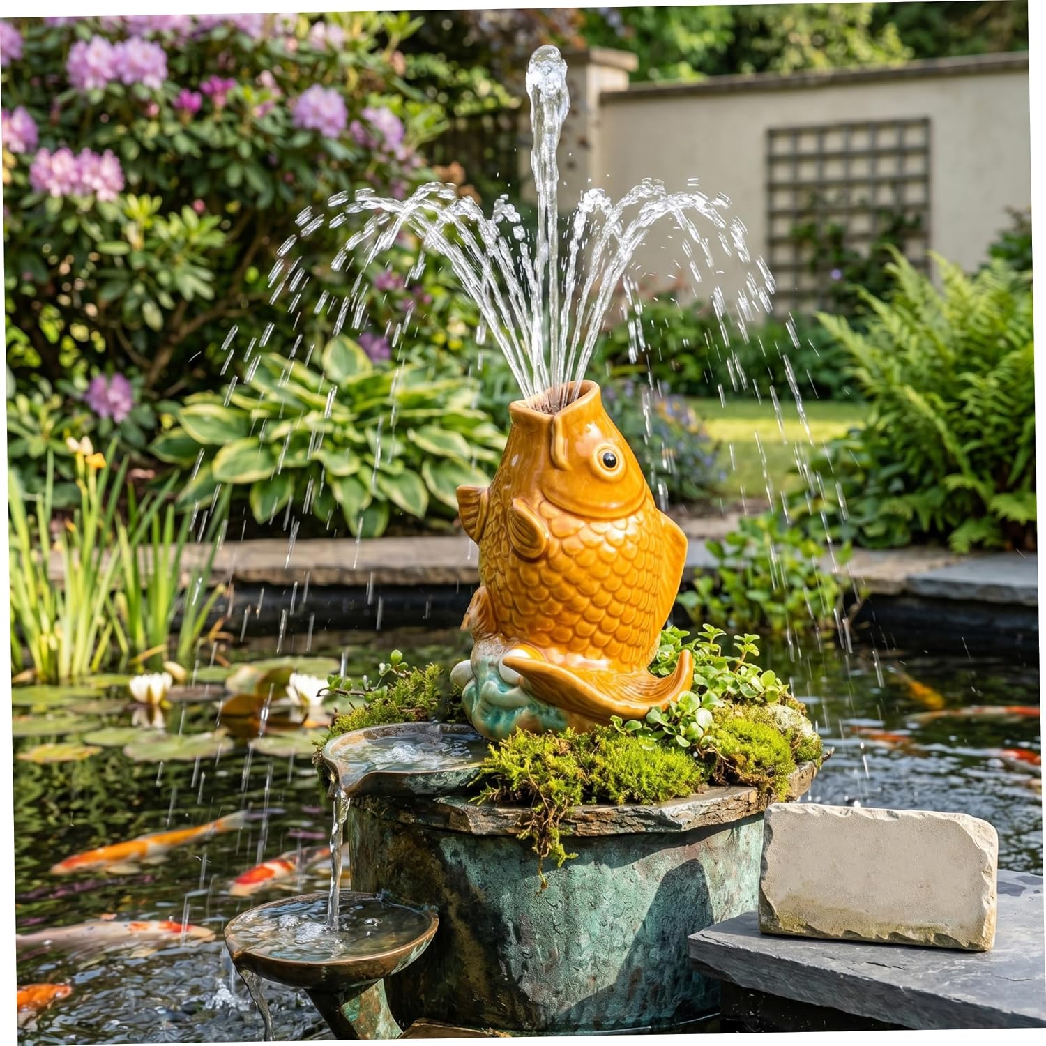 Lifelike Ceramic Koi Fish Pond Spitter, Water Fountain Spout for Small Ponds, Gardens & Pools, Outdoor Water Feature Decor (Style 2)