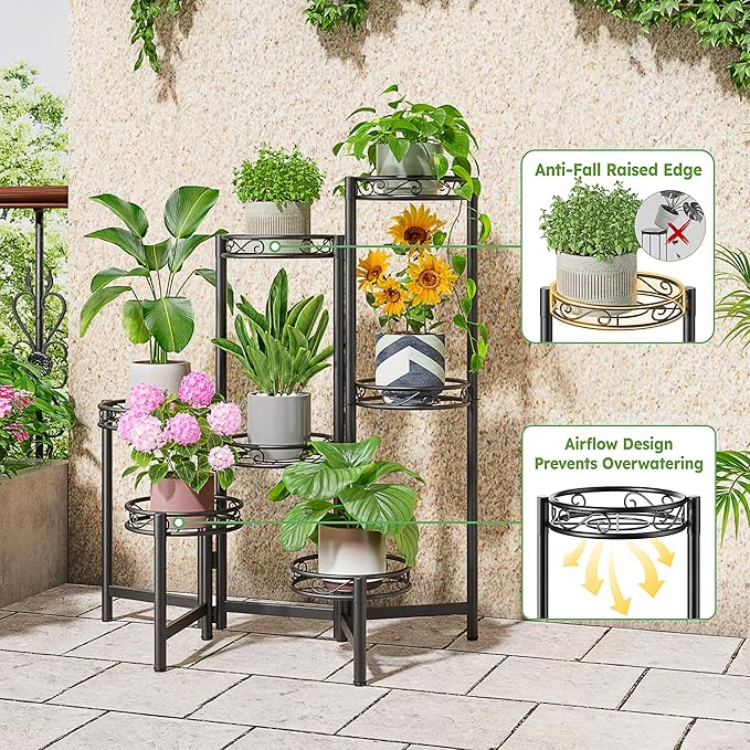 7 Tier Large Metal Plant Stand Indoor Outdoor with 7.9 Inch Wide Tray, Tiered Corner Plant Stand, Flower Display Holder Shelf, Folding Tall Rack for Patio Porch Balcony Living Room Garden - BlackWave