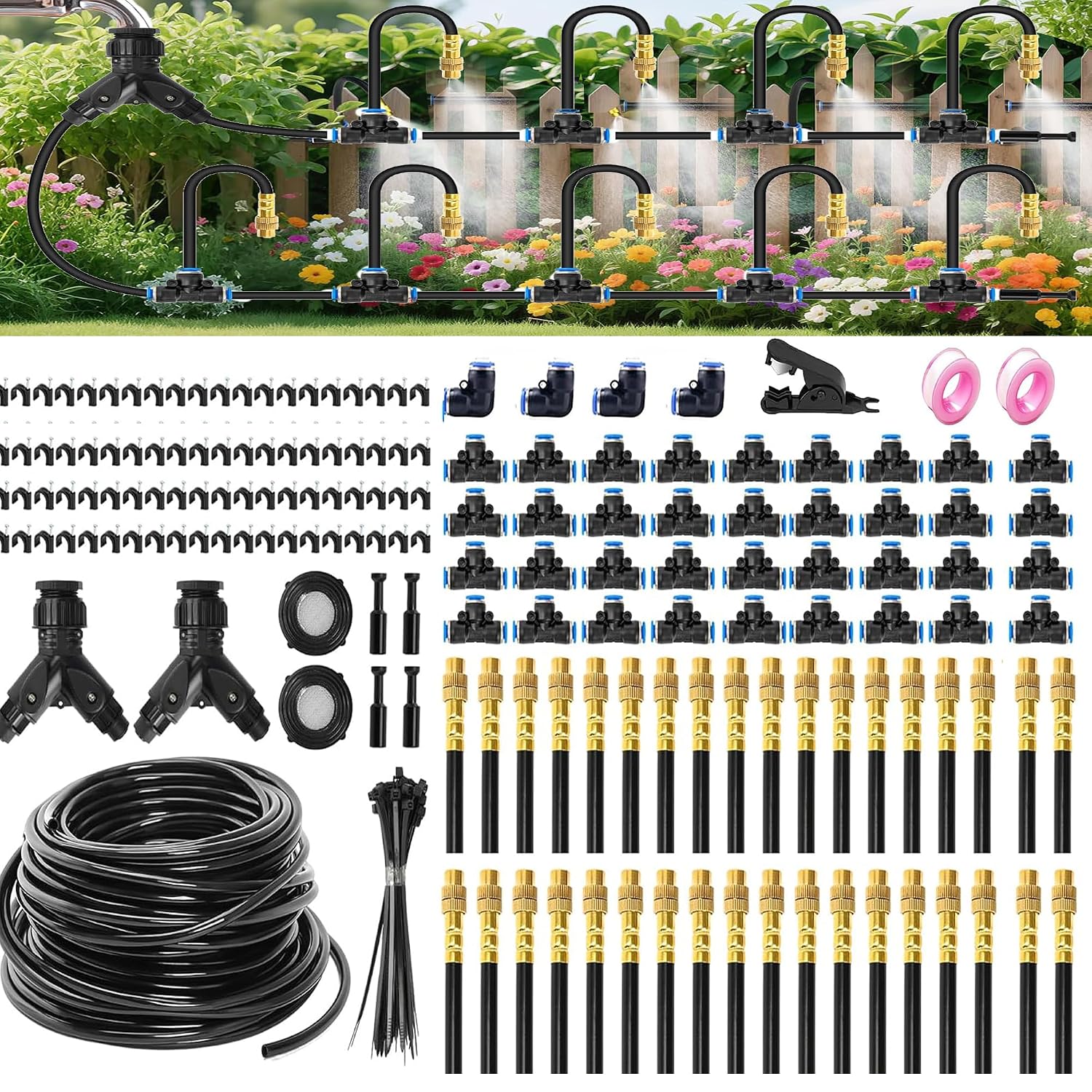 Drip Irrigation System with Brass Nozzles – 2026 Upgrade 200FT Garden Watering Kit with 36Pcs 360° Adjustable Misting Sprinklers Quick Connect Fittings for Raised Beds, Lawn, Patio