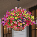 2 Set Artificial Faux Hanging Plants Flowers Basket for Outdoors Spring Summer Decoration, 2 Hanging Planters with 24pcs Fake Silk Flowers UV Resistant for Outside Porch Patio Garden Home 6 Multicolor