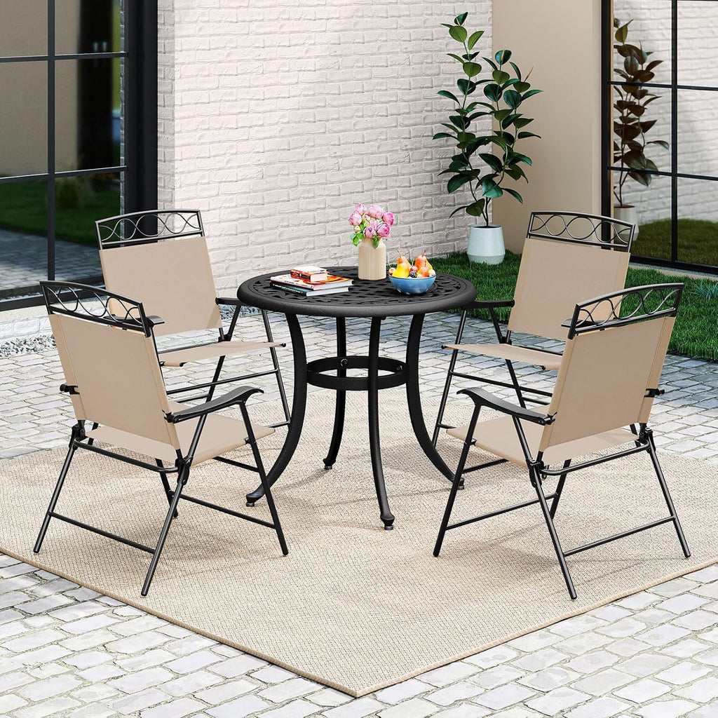 GIANTEX Set of 4 Patio Folding Chairs, Outdoor Dining Chairs for Camping, Beach, Backyard, Deck, Portable Dining Chair w/Armrest and Metal Frame, Beige