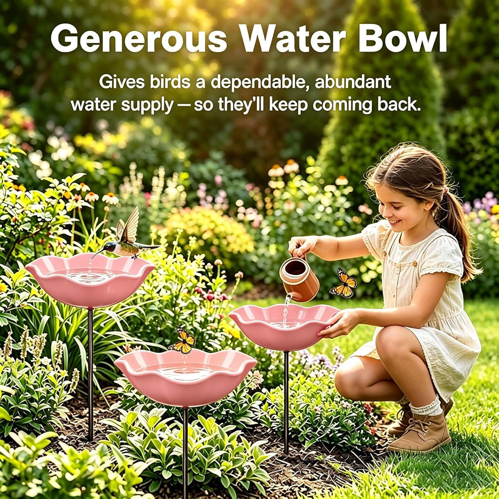 Handmade Metal Flower Garden Stake Bird Bath Bowl Butterfly Feeders,Hummingbird Bath Bee Watering Station for Garden Yard Decorative Garden Stakes (Pink-1pc)