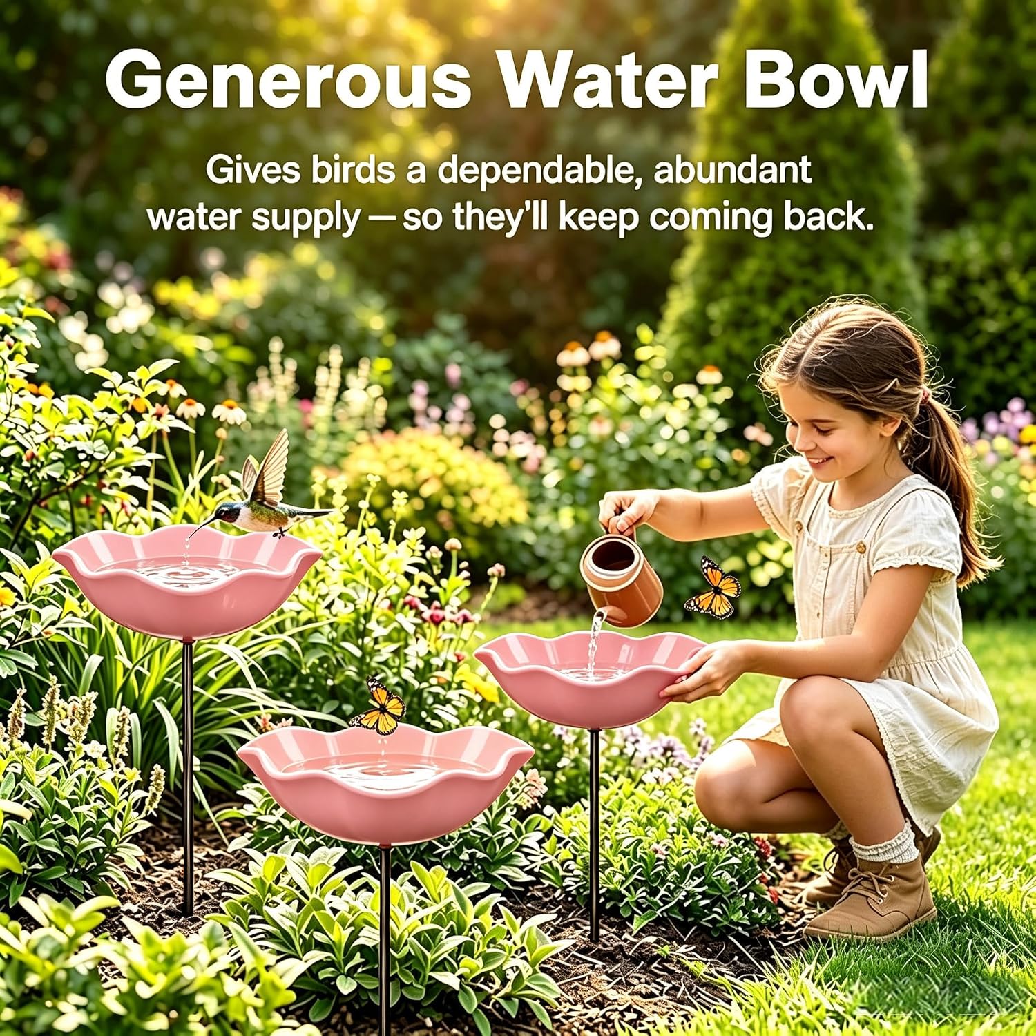 Handmade Metal Flower Garden Stake Bird Bath Bowl Butterfly Feeders,Hummingbird Bath Bee Watering Station for Garden Yard Decorative Garden Stakes (Pink-1pc)