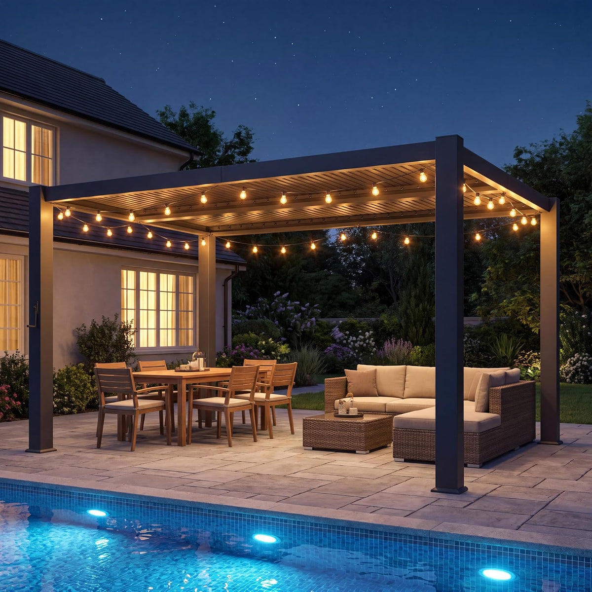 aoxun louvered pergola 10x12, 3.8" thick posts, 82.5, close-up detail